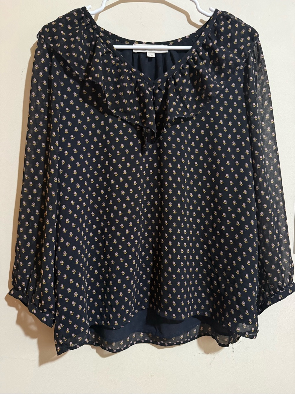 LOFT Navy Floral Ruffle Collar Blouse